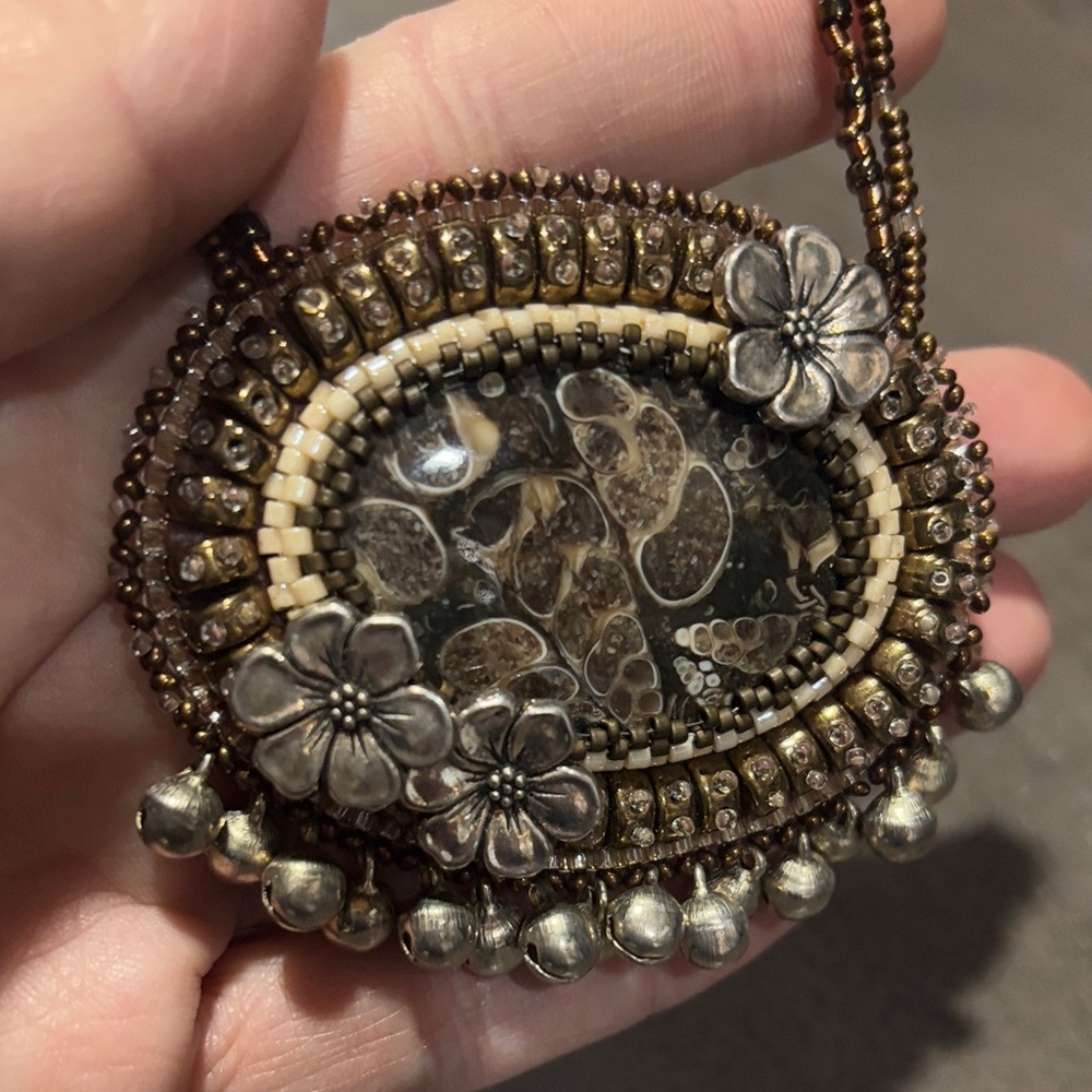 26” Turritella Fossil Bead Embroidered Necklace w/ Bells - Picture 2 of 6